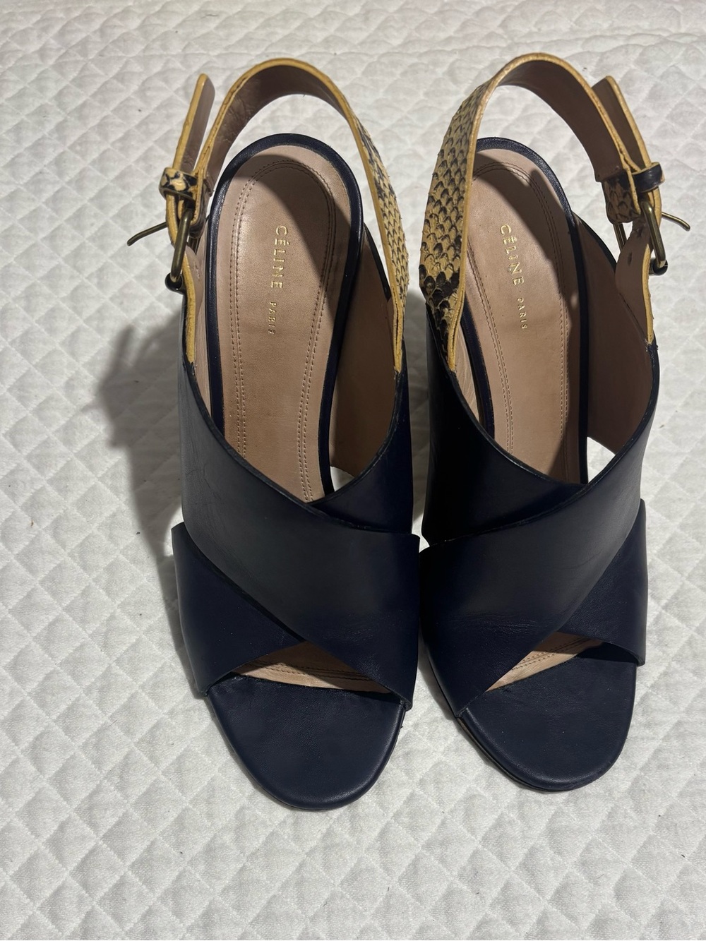 Celine Navy Leather Crisscross Heel with Cream Snakeskin Ankle Strap Sz 7